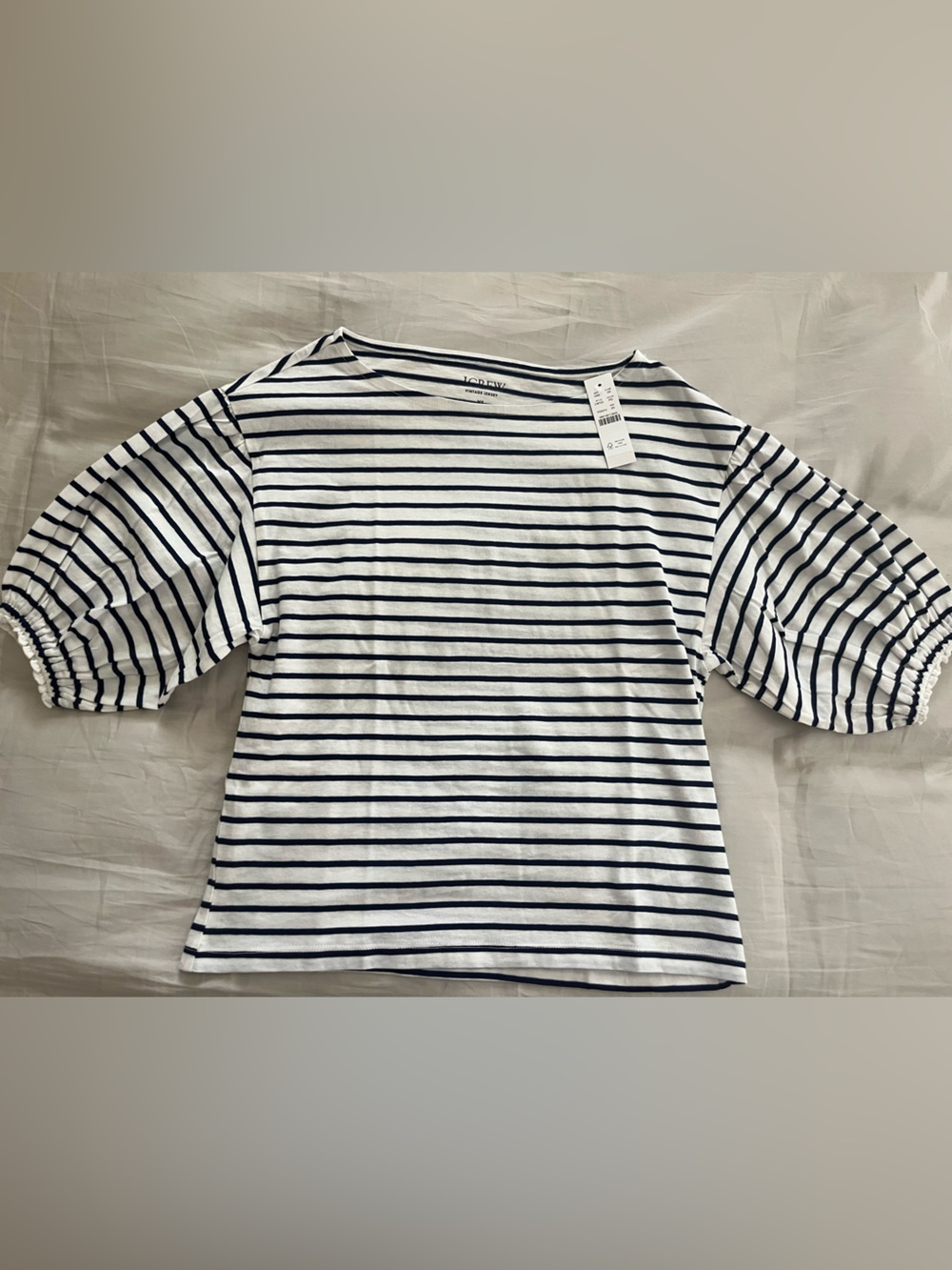 J. Crew Vintage Jersey White and Navy Striped Puff-Sleeve Tee